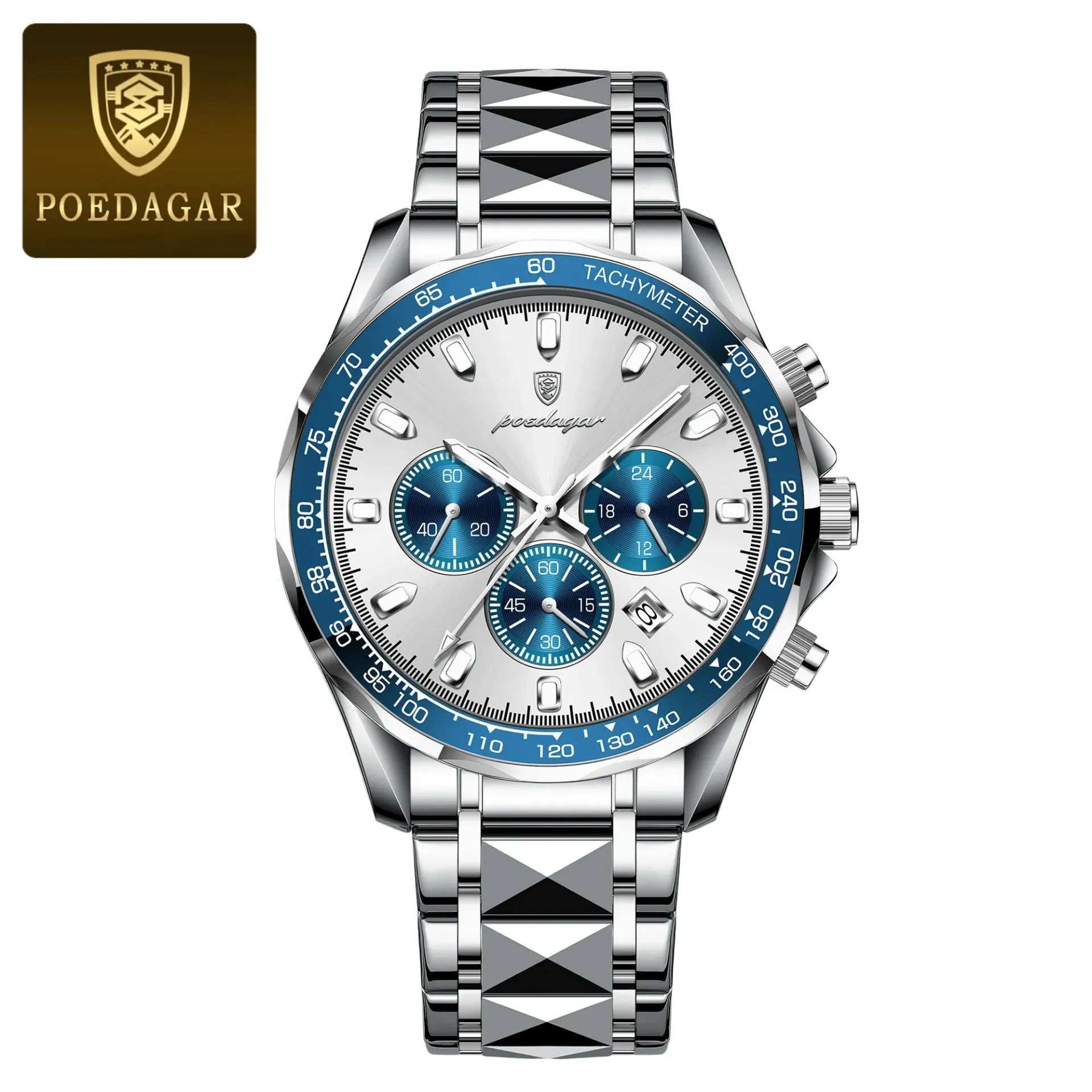 [Poedagar Cronografo Dial Blanco Bisel Azul Ali] Reloj de Pulsera POEDAGAR Cronógrafo Blanco Bisel Azul