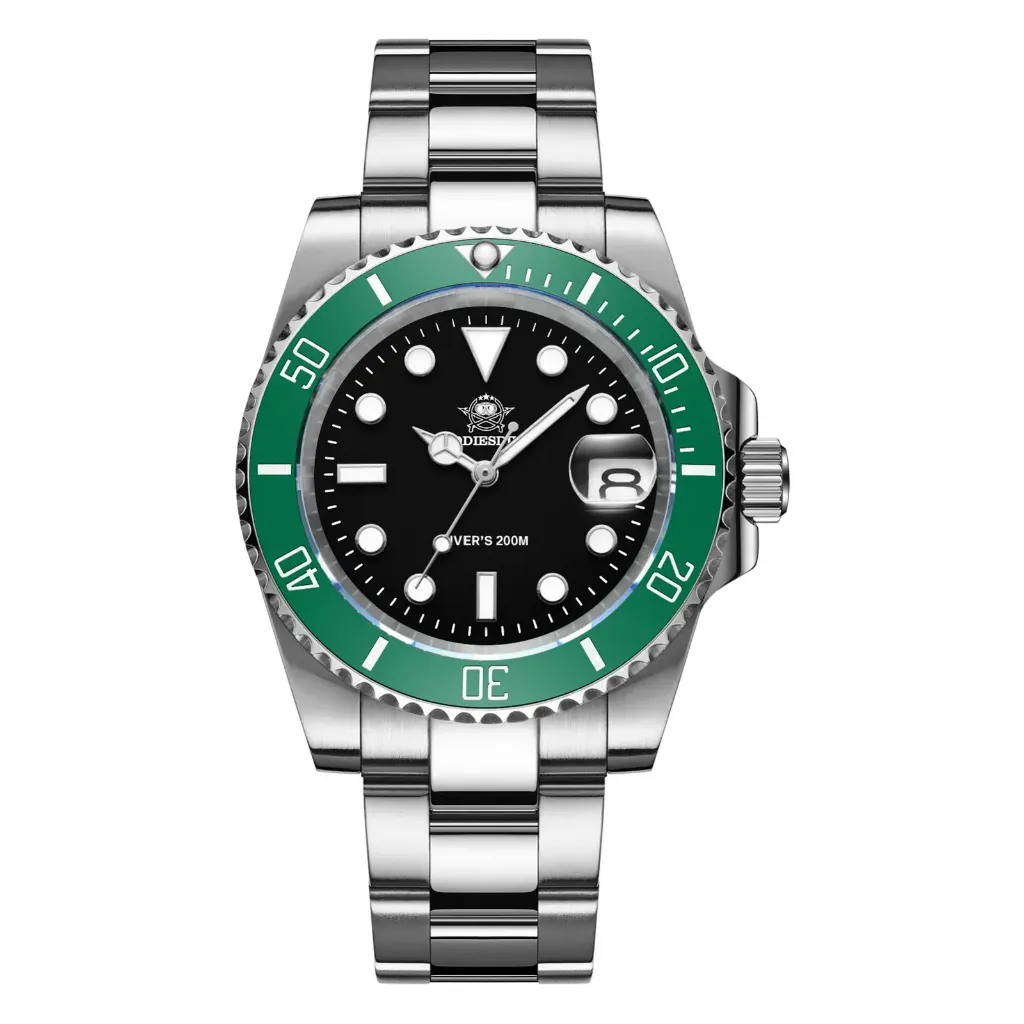 [Addiesdive MY-H3-2QZ Black Green Ali] Reloj de Pulsera Cro ADDIESDIVE  Diver - Black Green - WR 200mt - Acero Inox