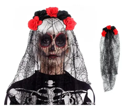 [93924 Halloween Diadema Disfrazzes] Diadema Rosas Catrina Negro y Rojo con Velo (Adulto) - Halloween